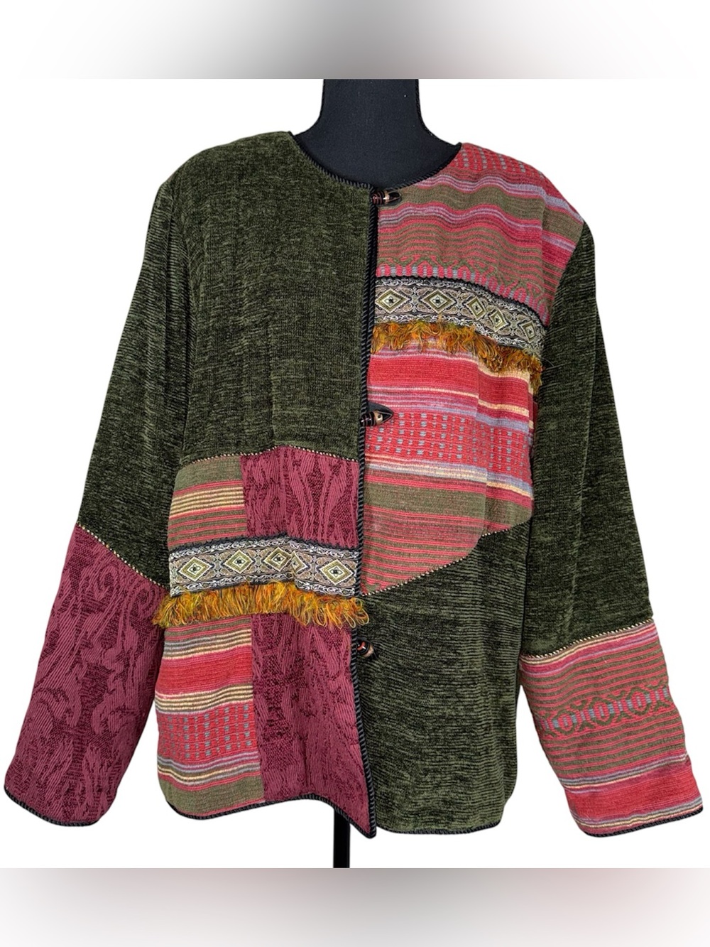 Vintage Patchwork Tapestry Jacket Boho Southwestern Art To Wear Fringe Tribal L